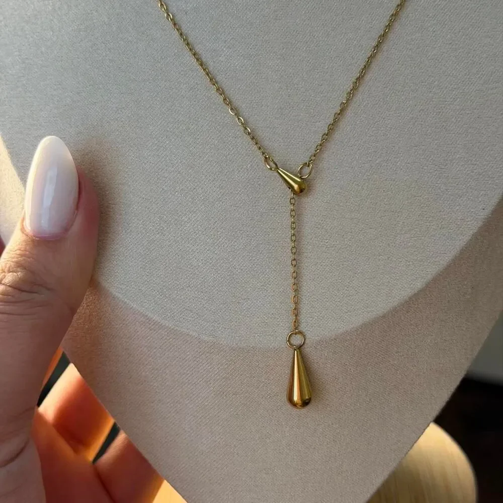 18K Gold Plated Stainless Steel Y Drop Lariat Necklace + Jewelry Pouch